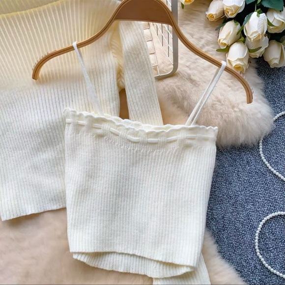 New Co-ord Skirt Knit Set Sweater Ivory Cream Beige Pleated Button Tank Mini - Picture 6 of 16